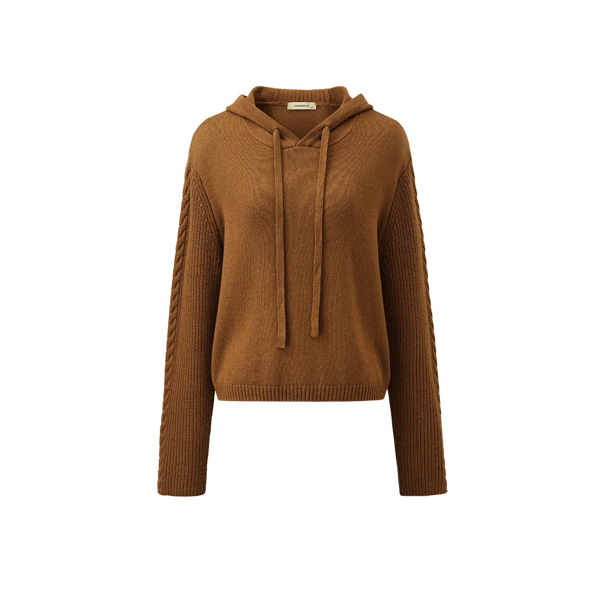 100% Wool Sweater Women's Knit Hoodie with Cable Sleeve Details