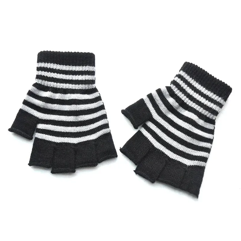 1Pair Black Stripe Half Finger Fingerless Gloves for Women and Men Knit Wrist Cotton Winter Warm Outdoor Gothic Lolita Mittens