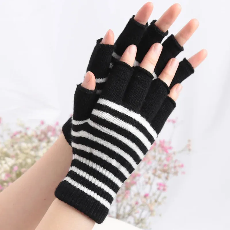 1Pair Black Stripe Half Finger Fingerless Gloves for Women and Men Knit Wrist Cotton Winter Warm Outdoor Gothic Lolita Mittens