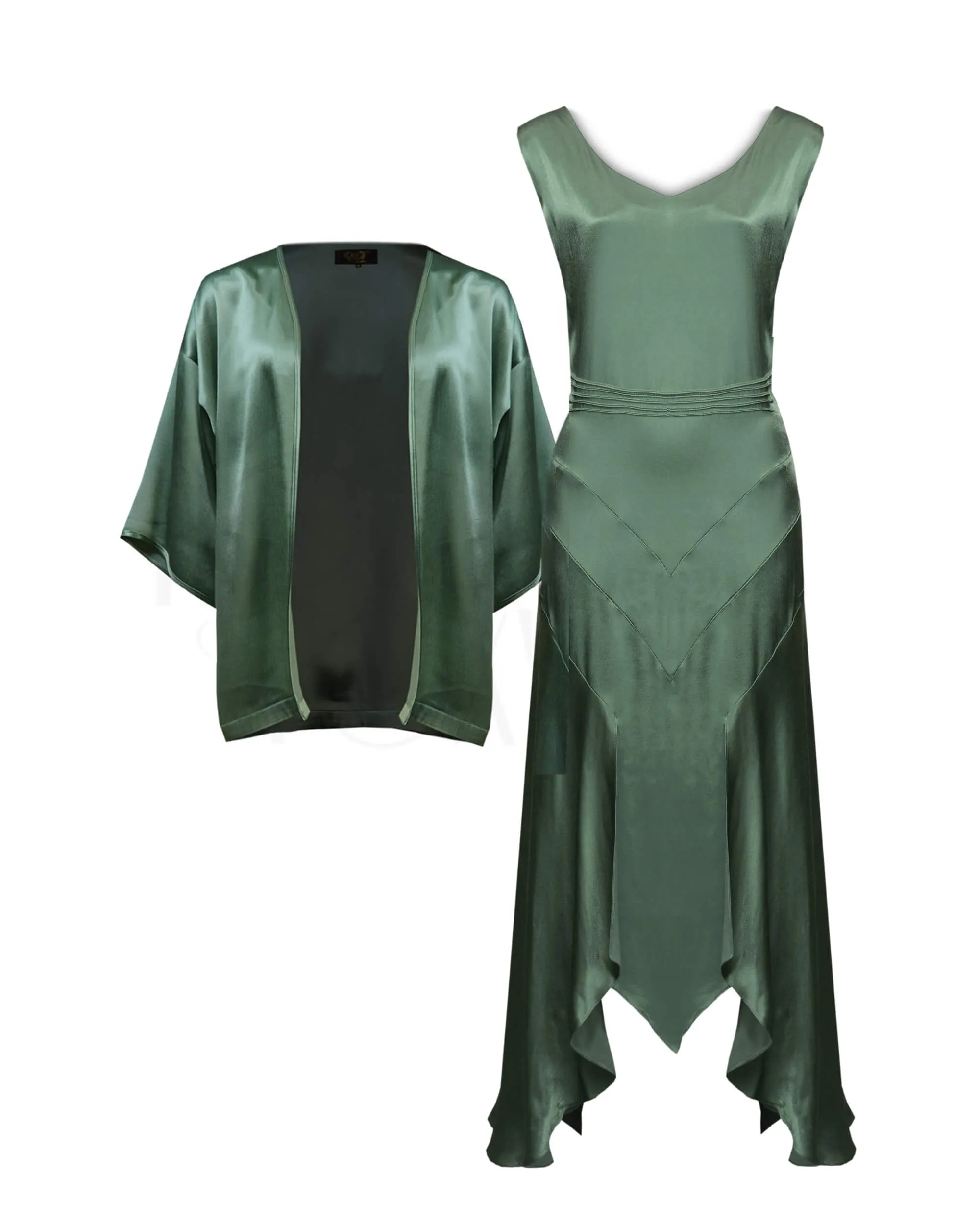 20s Sheba Evening Gown Set - Sage Satin