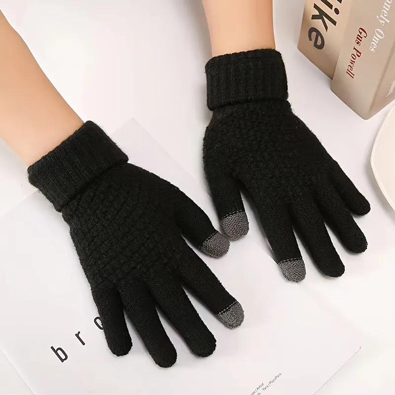 4 Colors Pineapple Pattern Jacquard Gloves, Short Monochrome Knit Touchscreen Gloves, Winter Thick Warm Riding Gloves For Women And Men