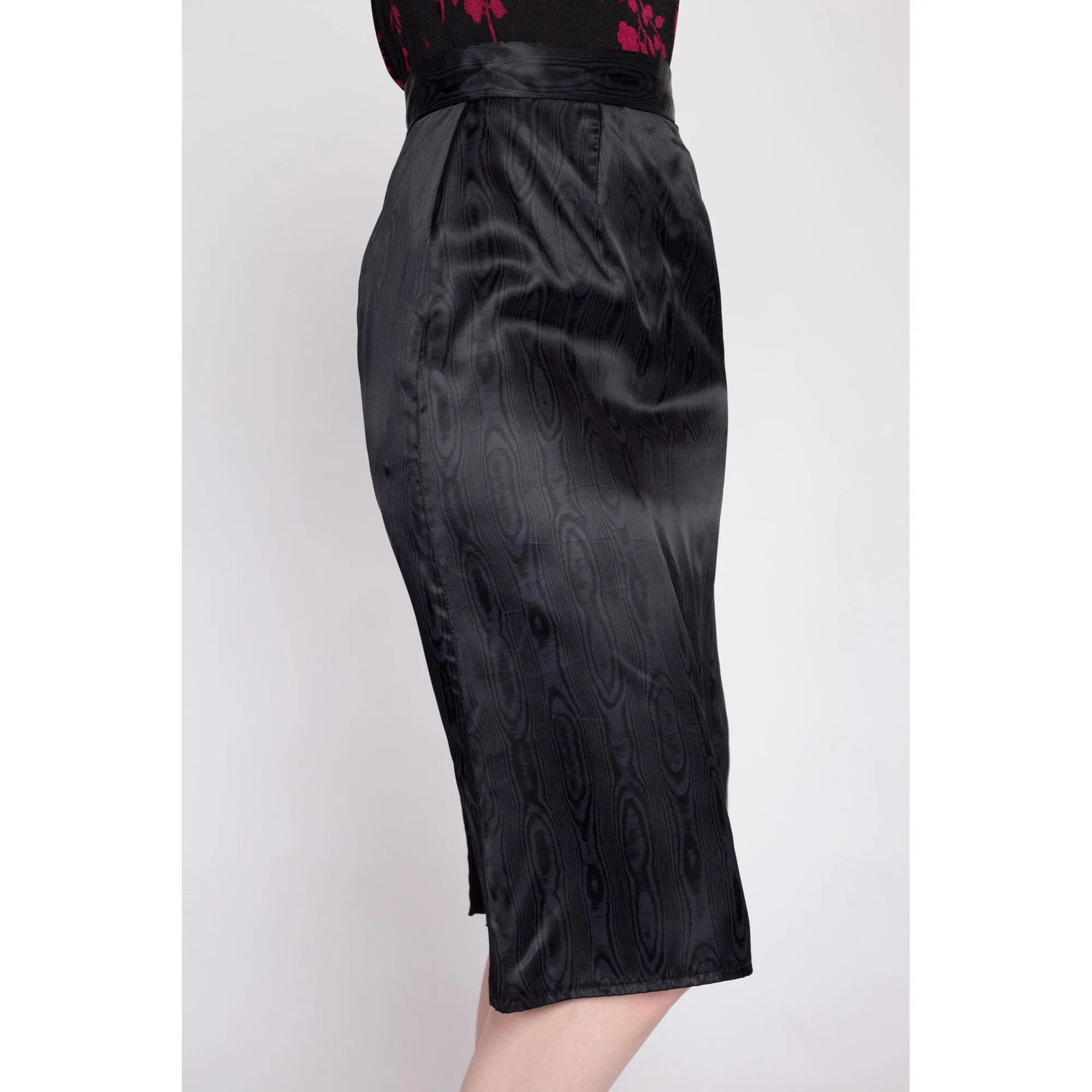 70s Black Wood Grain Satin Skirt - Extra Small, 24"