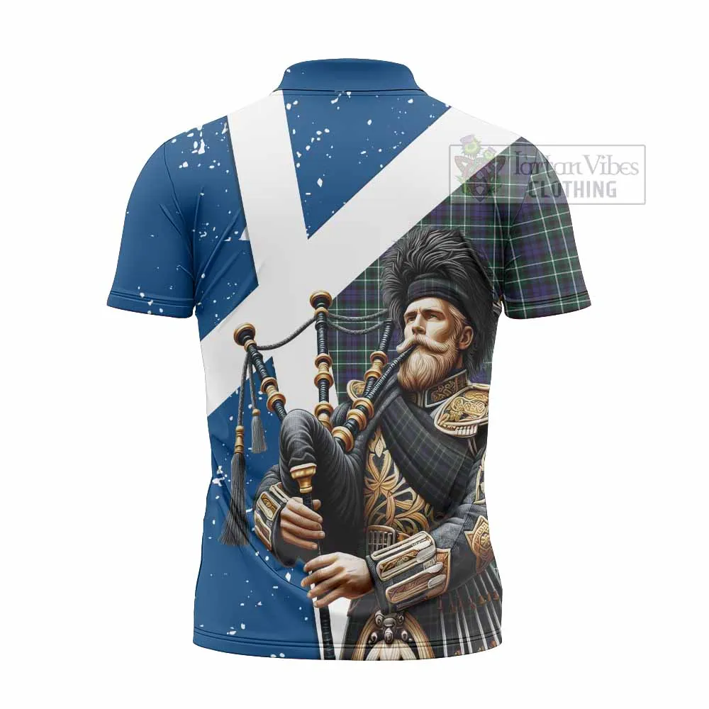 Allardice Tartan Zipper Polo Shirt with Family Crest Scottish Bagpiper Vibes