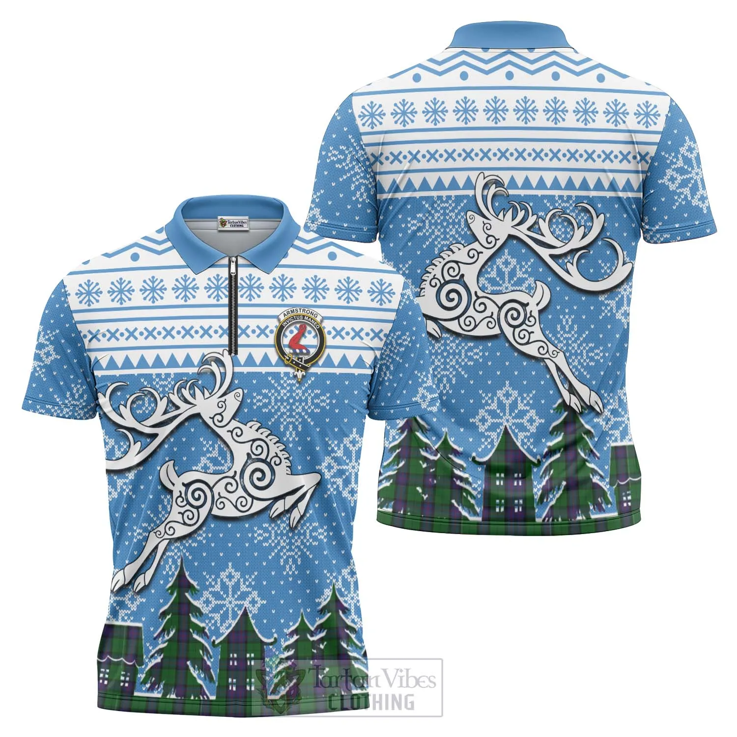 Armstrong Clan Christmas Zipper Polo Shirt Celtic Reindeer Style