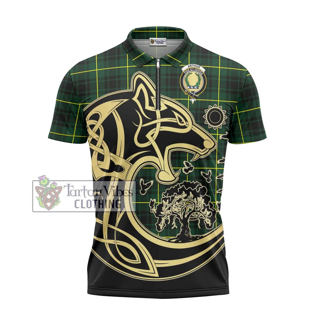 Arthur Modern Tartan Zipper Polo Shirt with Family Crest Celtic Wolf Style