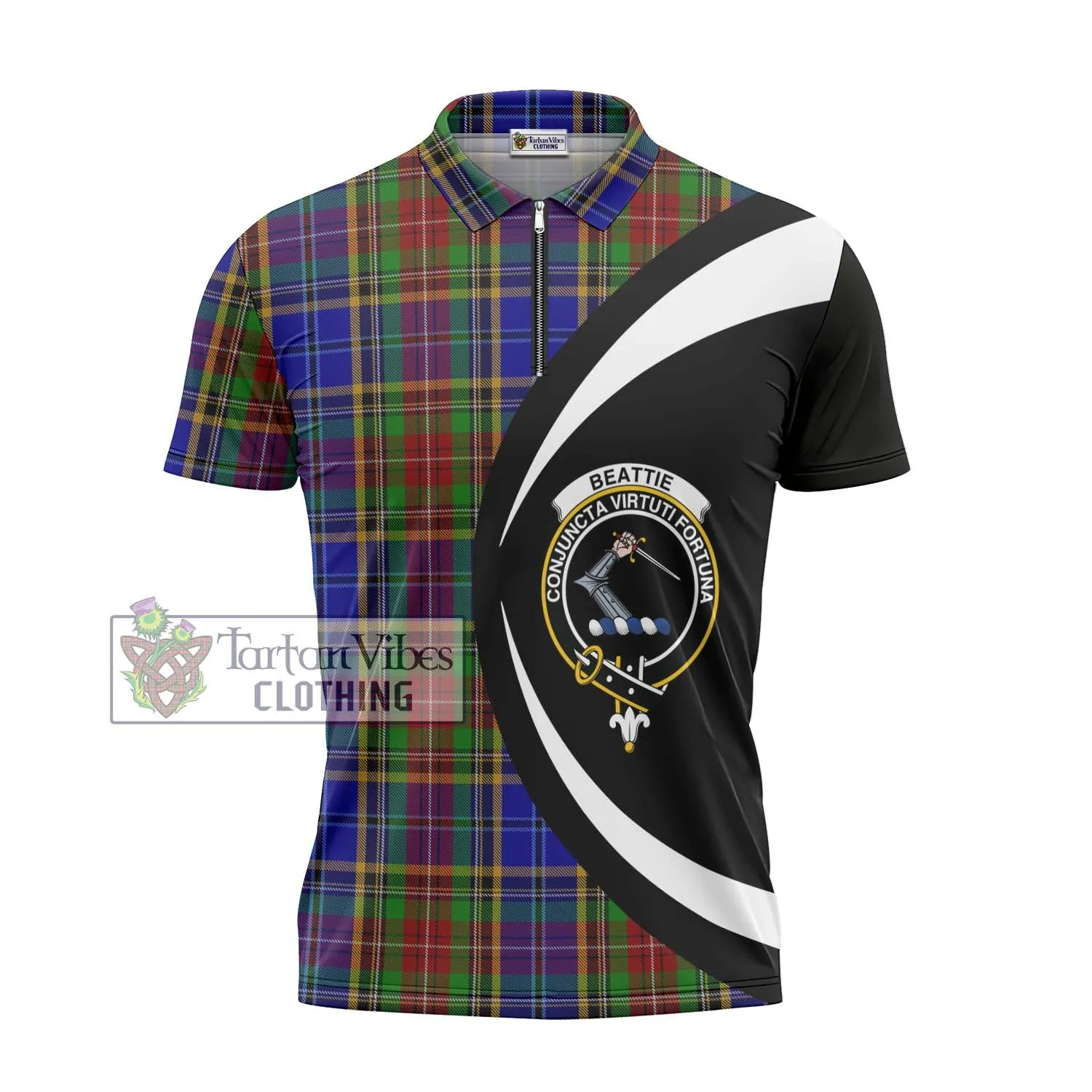 Beattie Tartan Zipper Polo Shirt with Family Crest Circle Style