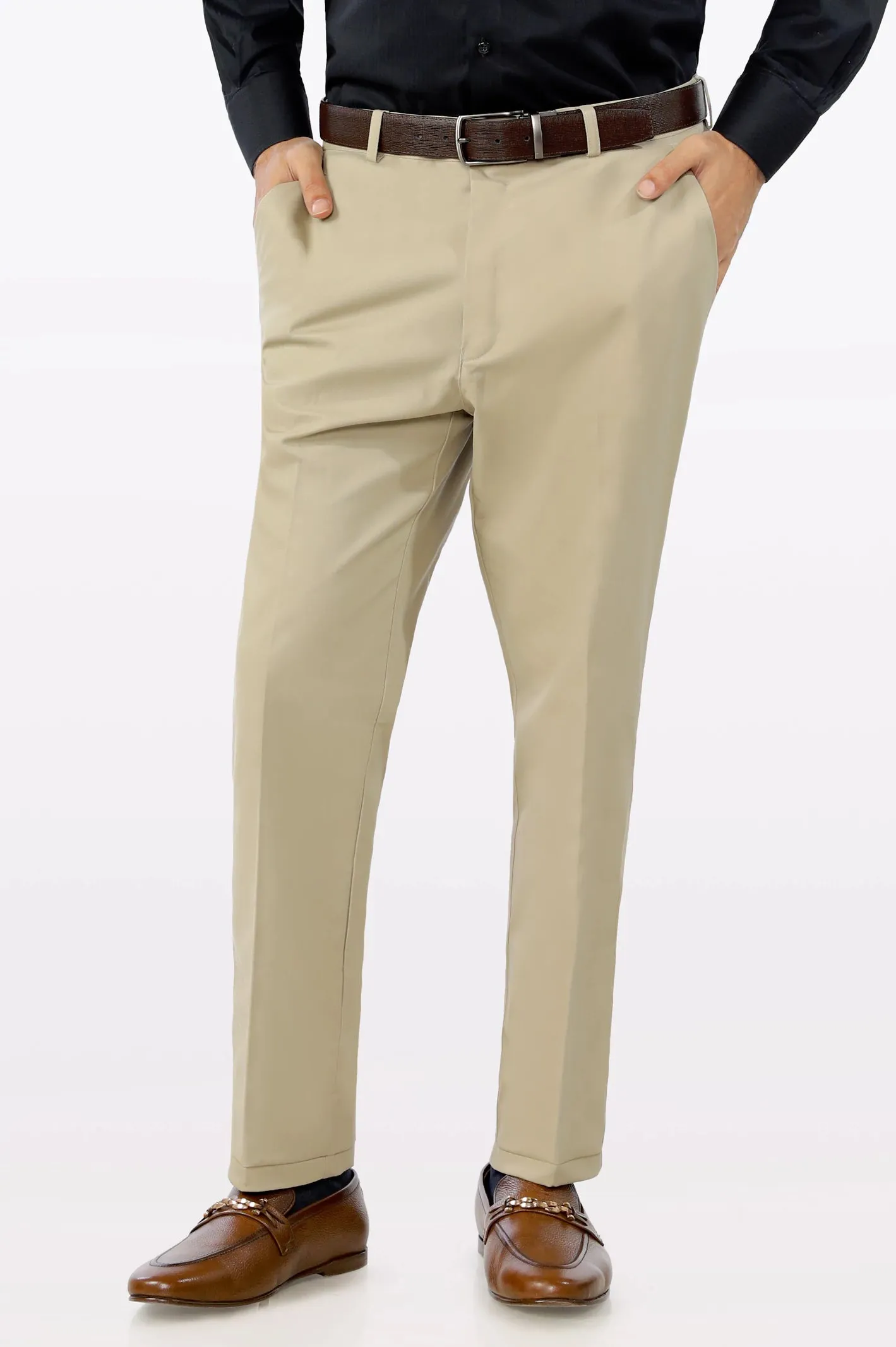 Beige Cotton Regular Fit Trouser