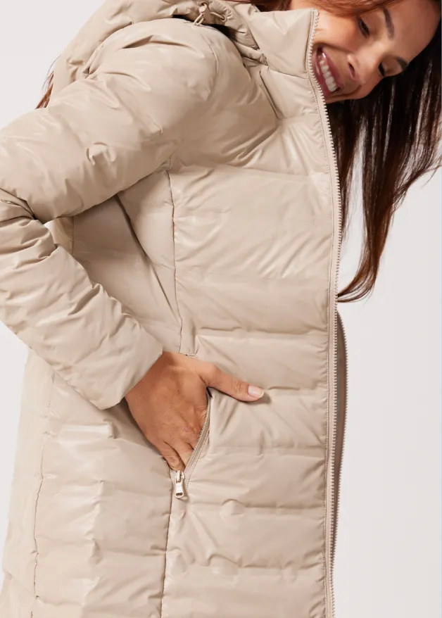 Beige Leather Look Duck Down Puffer Coat