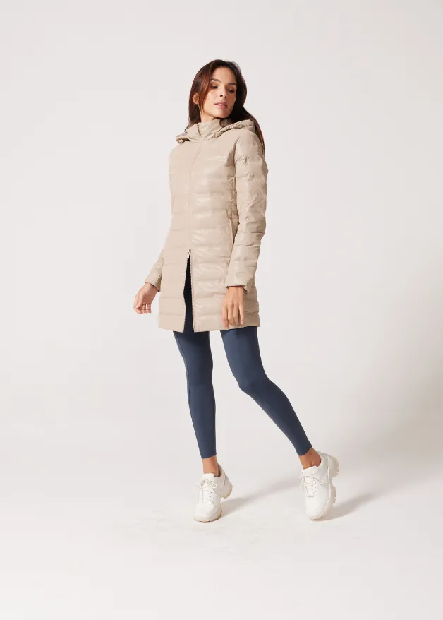 Beige Leather Look Duck Down Puffer Coat