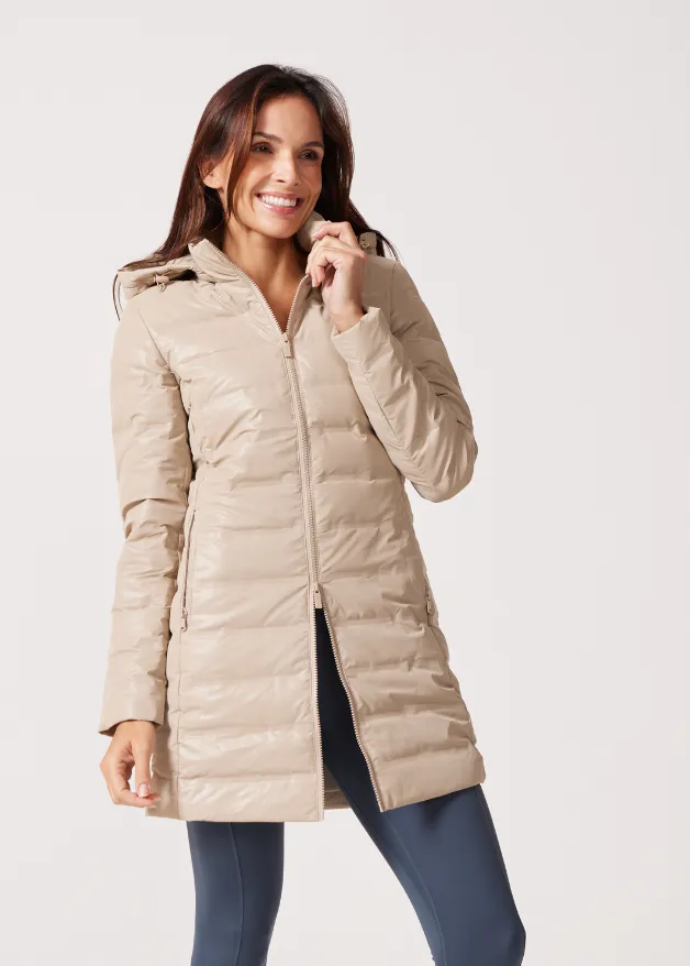 Beige Leather Look Duck Down Puffer Coat