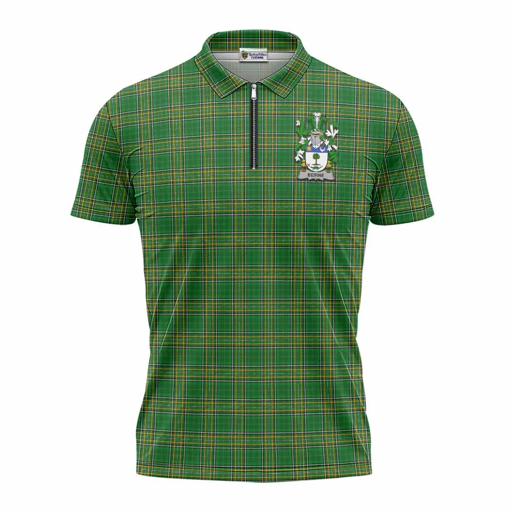 Beirne Irish Clan Tartan Zipper Polo Shirt with Coat of Arms