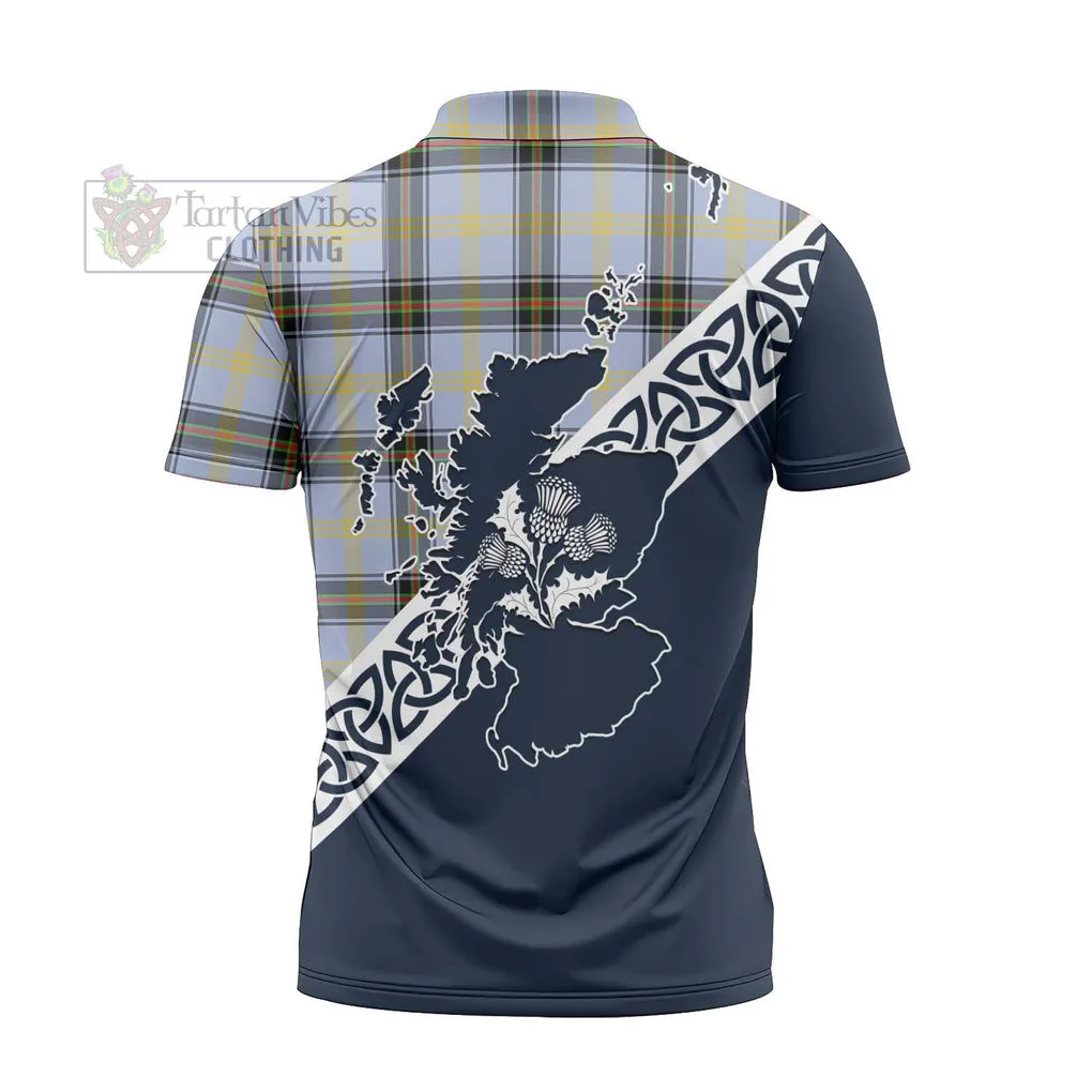 Bell Tartan Zipper Polo Shirt Featuring Thistle and Scotland Map