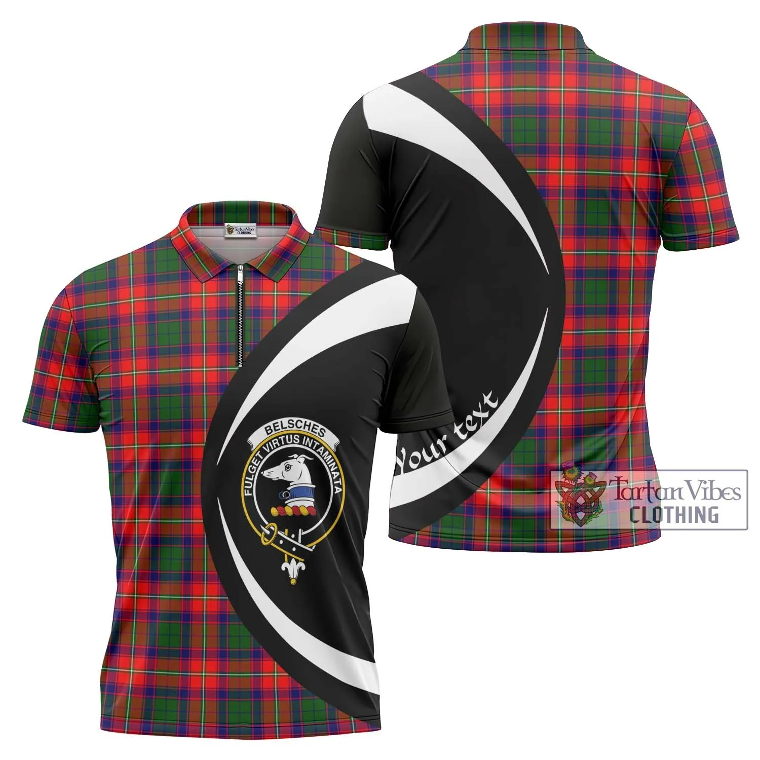 Belsches Tartan Zipper Polo Shirt with Family Crest Circle Style