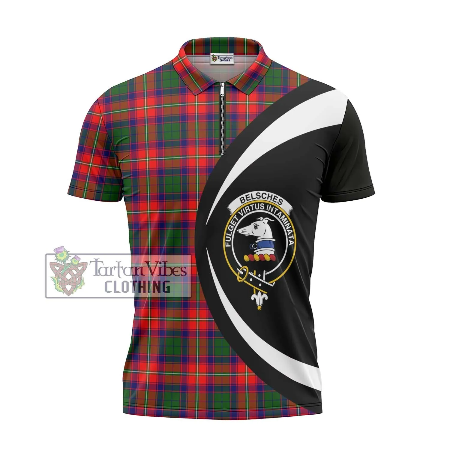 Belsches Tartan Zipper Polo Shirt with Family Crest Circle Style