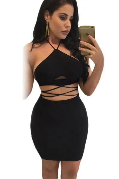 Black Halter Spaghetti Top & Skirt Set