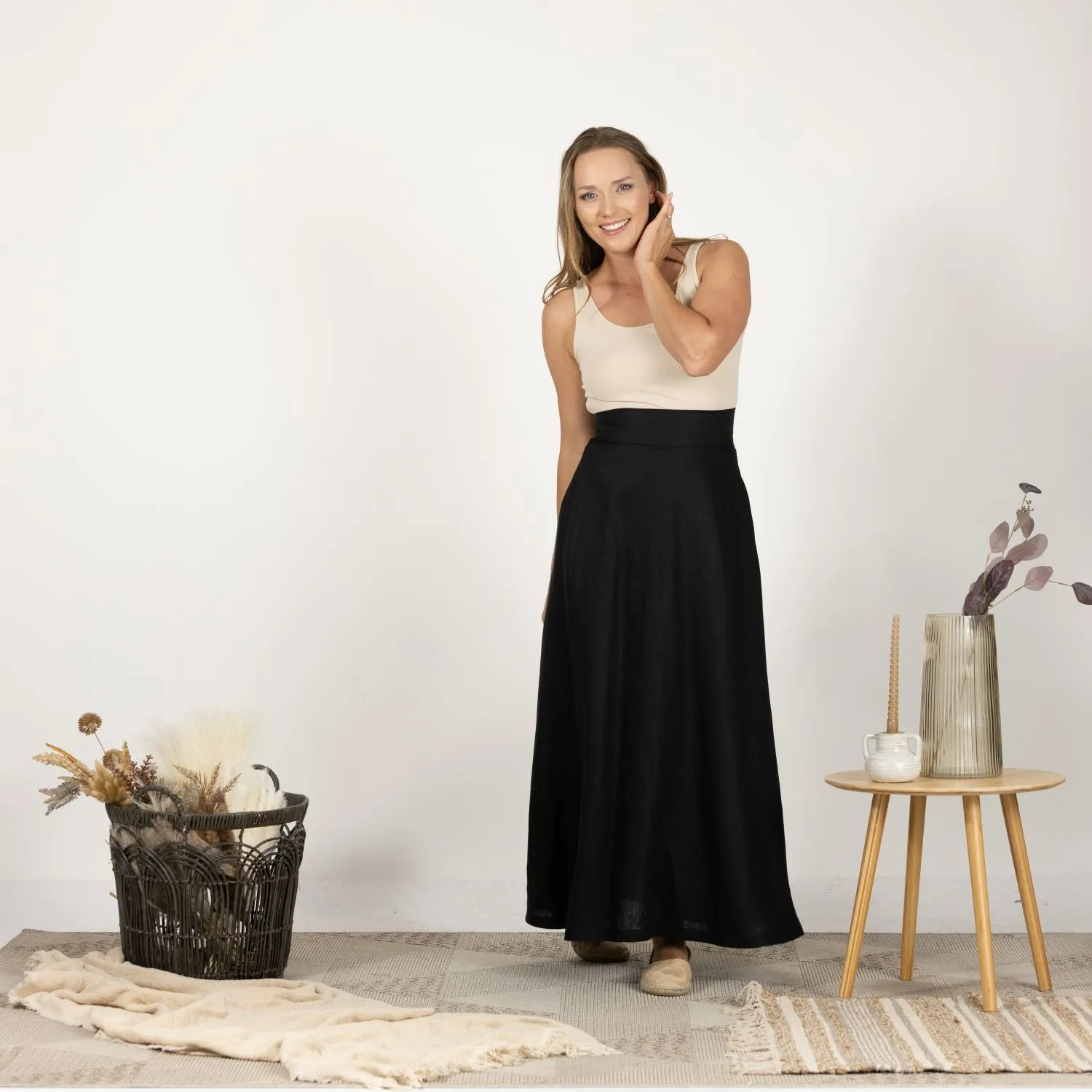 Black Minimalist High Waist Linen Maxi Skirt