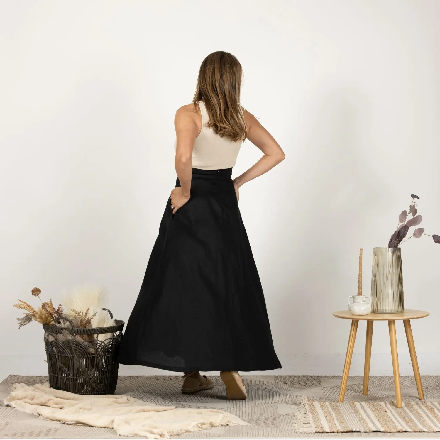 Black Minimalist High Waist Linen Maxi Skirt