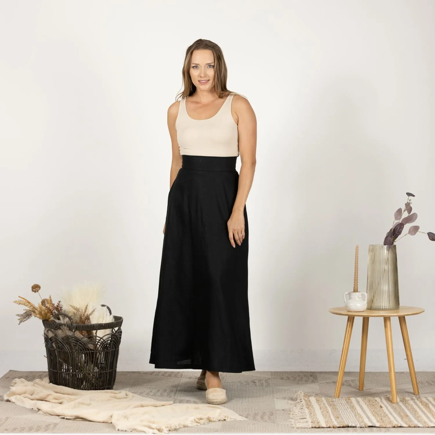 Black Minimalist High Waist Linen Maxi Skirt