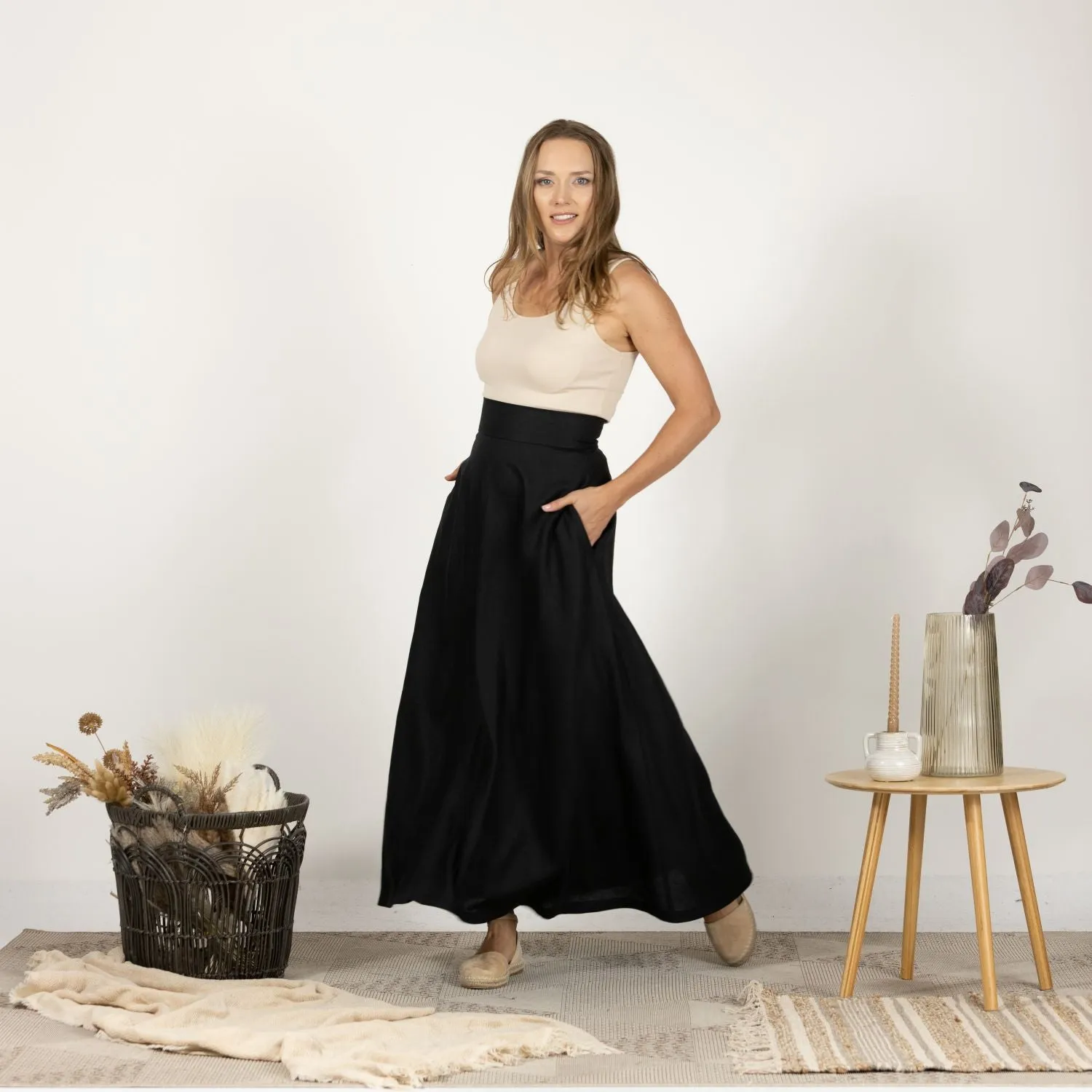 Black Minimalist High Waist Linen Maxi Skirt