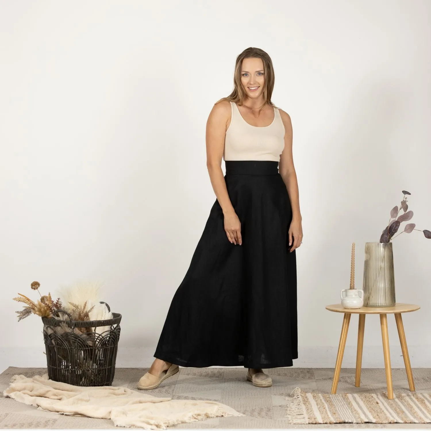 Black Minimalist High Waist Linen Maxi Skirt