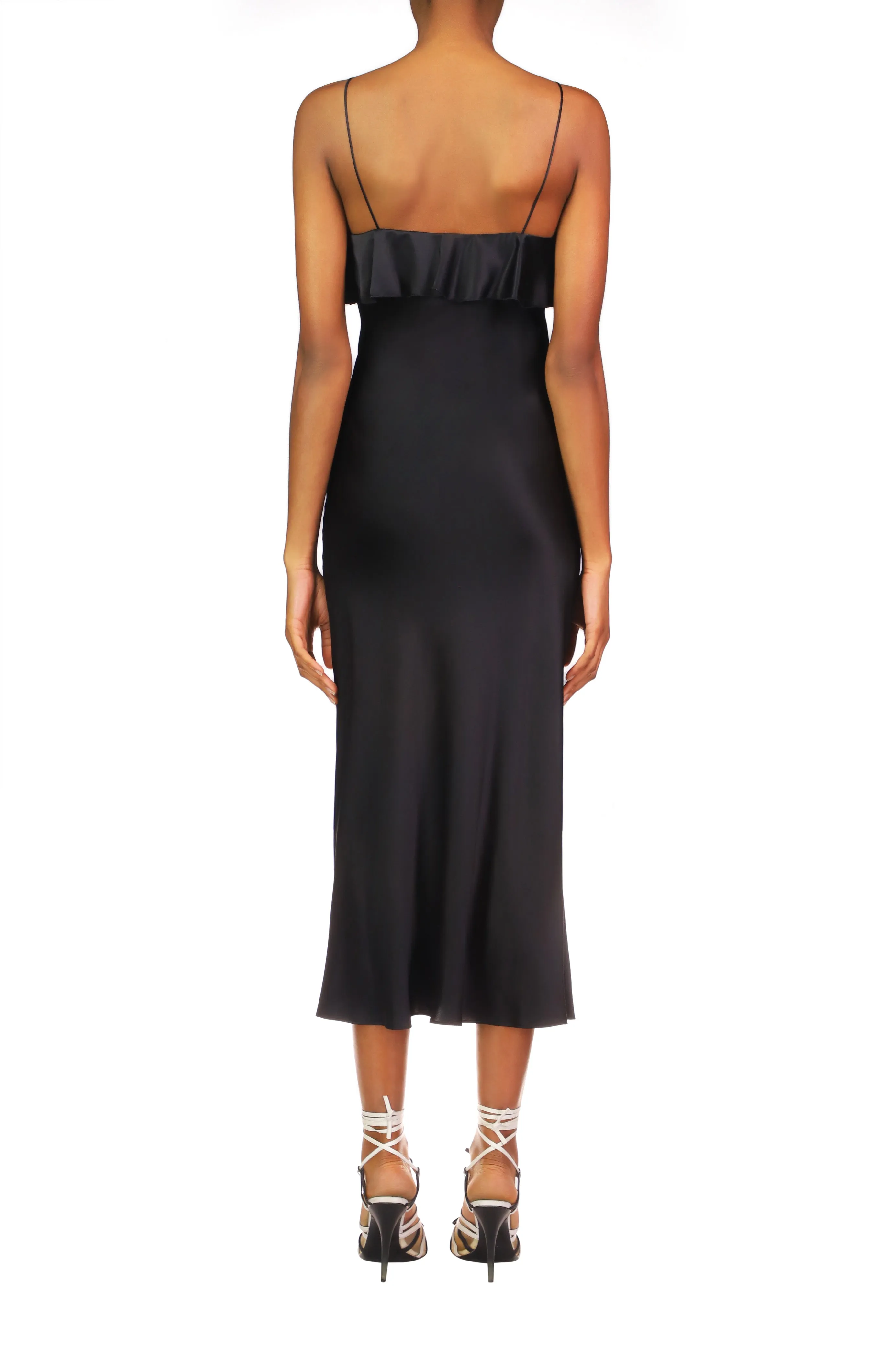 Black Satin Charmeuse Bias Slip Dress With Ruffle And Silk Flower Detail