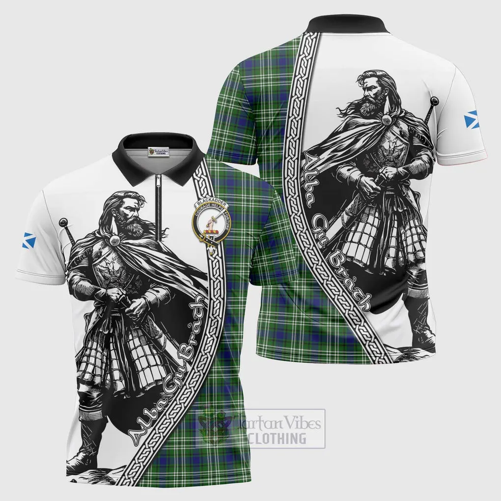 Blackadder Tartan Clan Crest Zipper Polo Shirt with Highlander Warrior Celtic Style