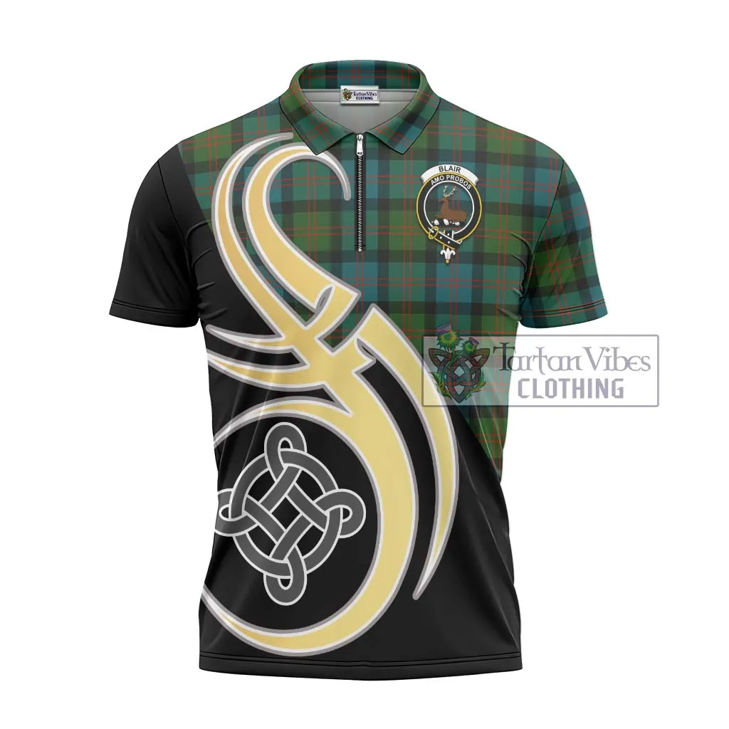 Blair Ancient Tartan Zipper Polo Shirt with Family Crest and Celtic Symbol Style