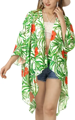 Blooms of Paradise Sheer Allover Hibiscus Flower and Leaves Printed Kimono Shrug Jacket Cover up