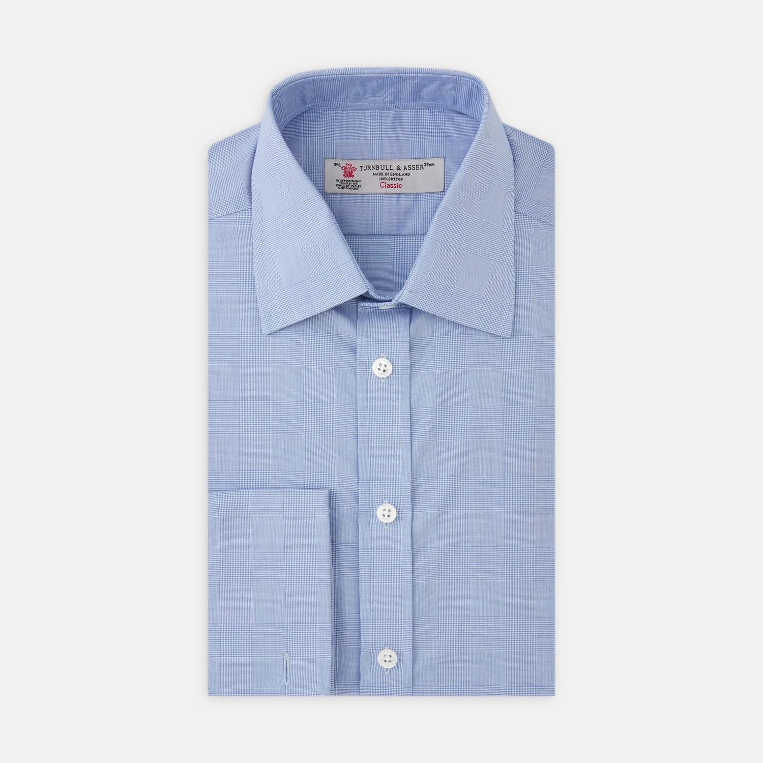 Blue Prince of Wales Check Shirt with T&A Collar and Double Cuffs