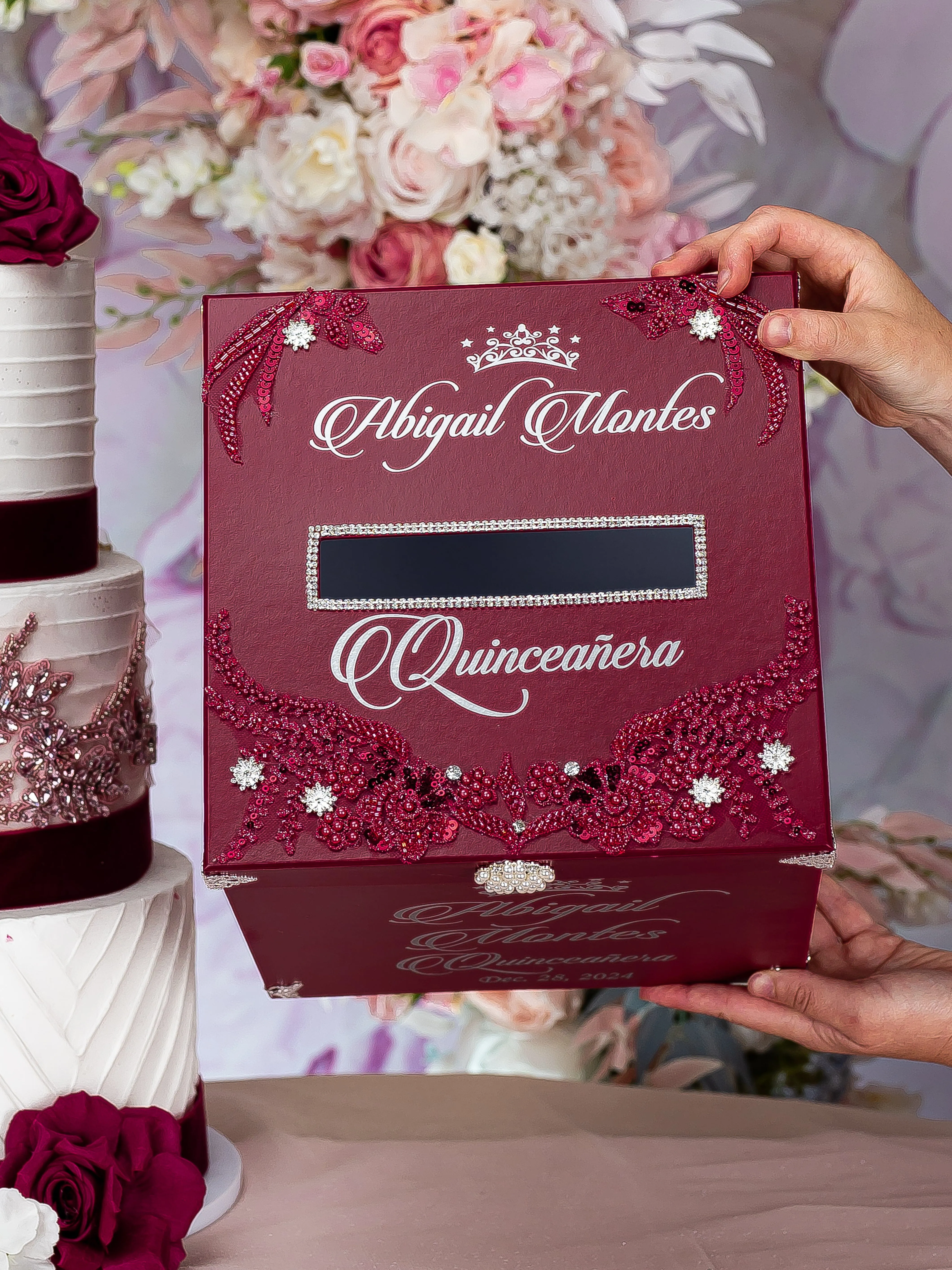 Burgundy silver quinceanera dress hanger