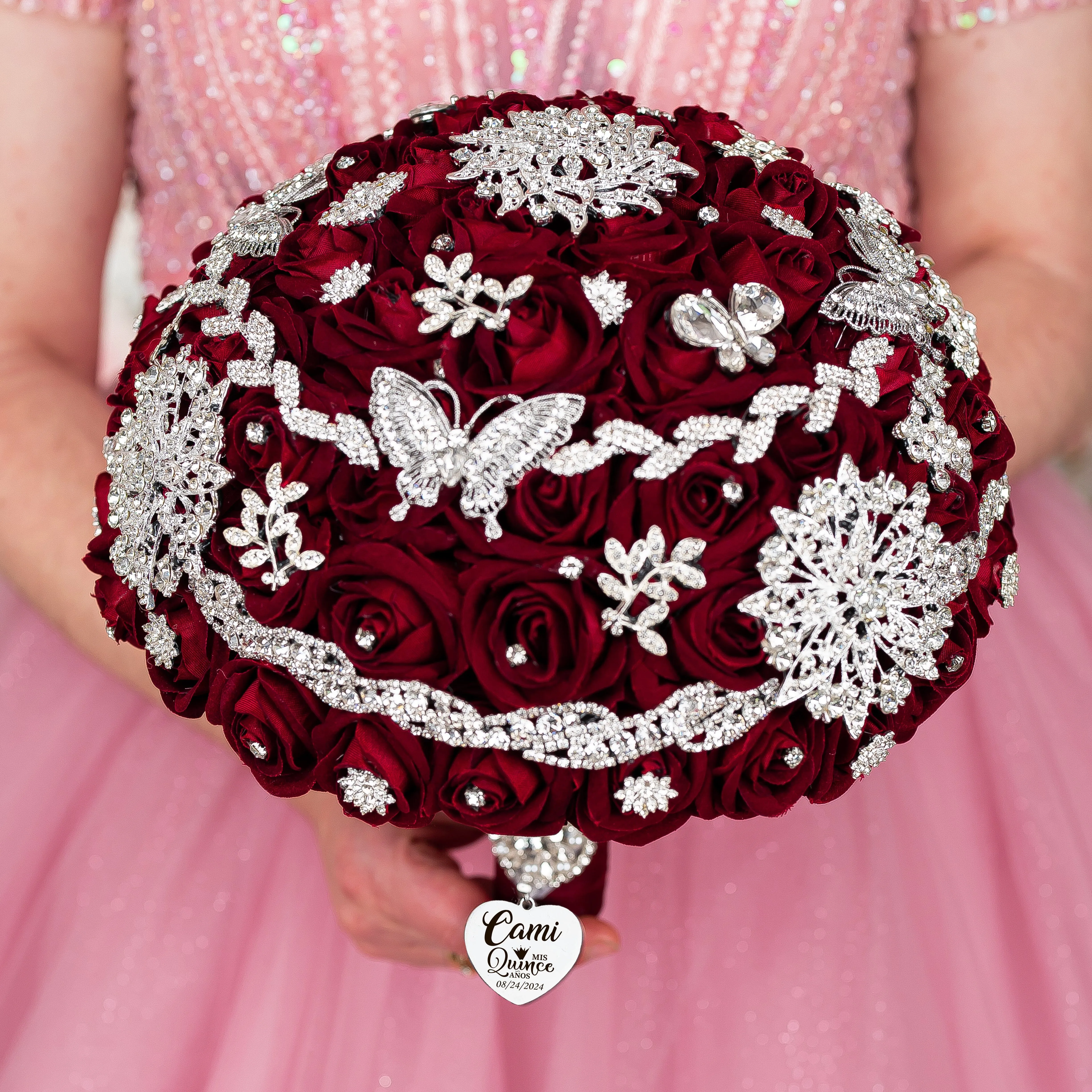 Burgundy silver quinceanera dress hanger