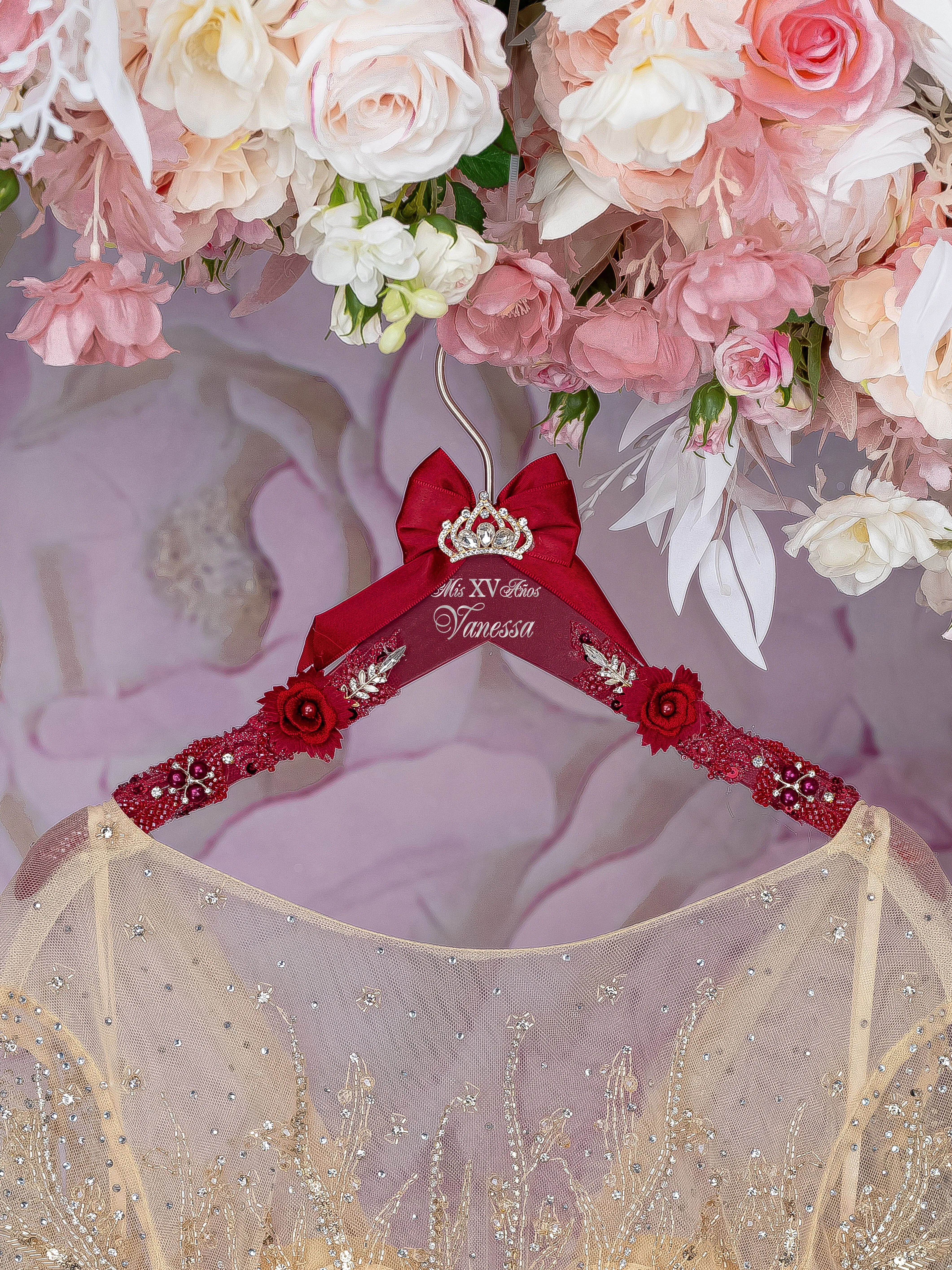 Burgundy silver quinceanera dress hanger