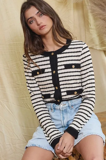 Button Closure Stripe Crop