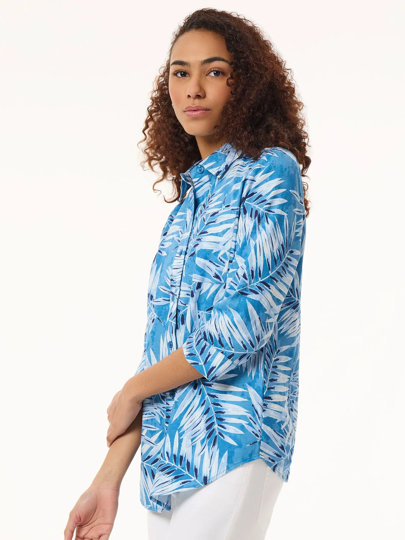 Button Front Tropical Shirt, Printed Linen