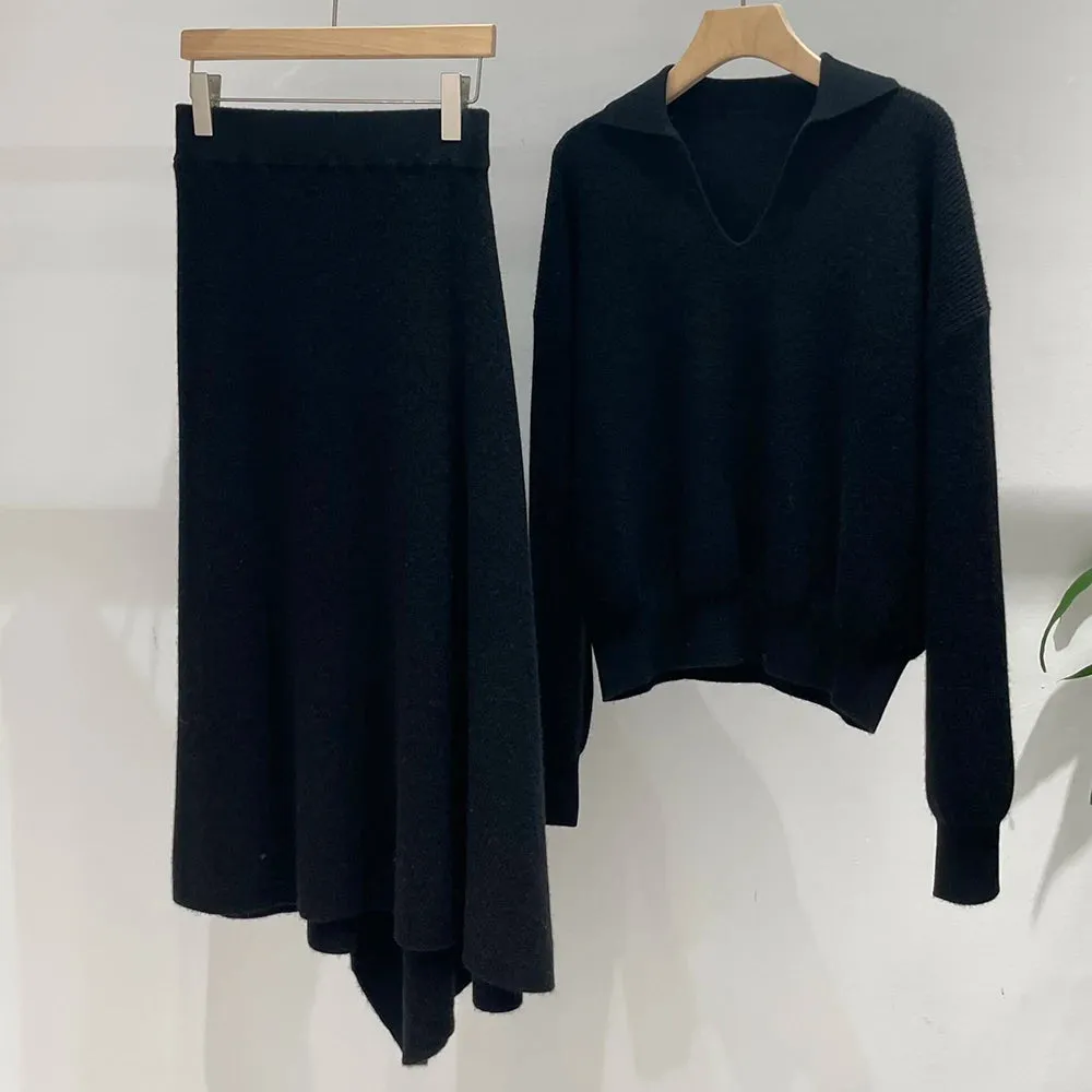 Casual Knitting Two Piece Sets For Women Lapel Long Sleeve Tops High Waist A Line Skirts Minimalist Slimming Set Female New