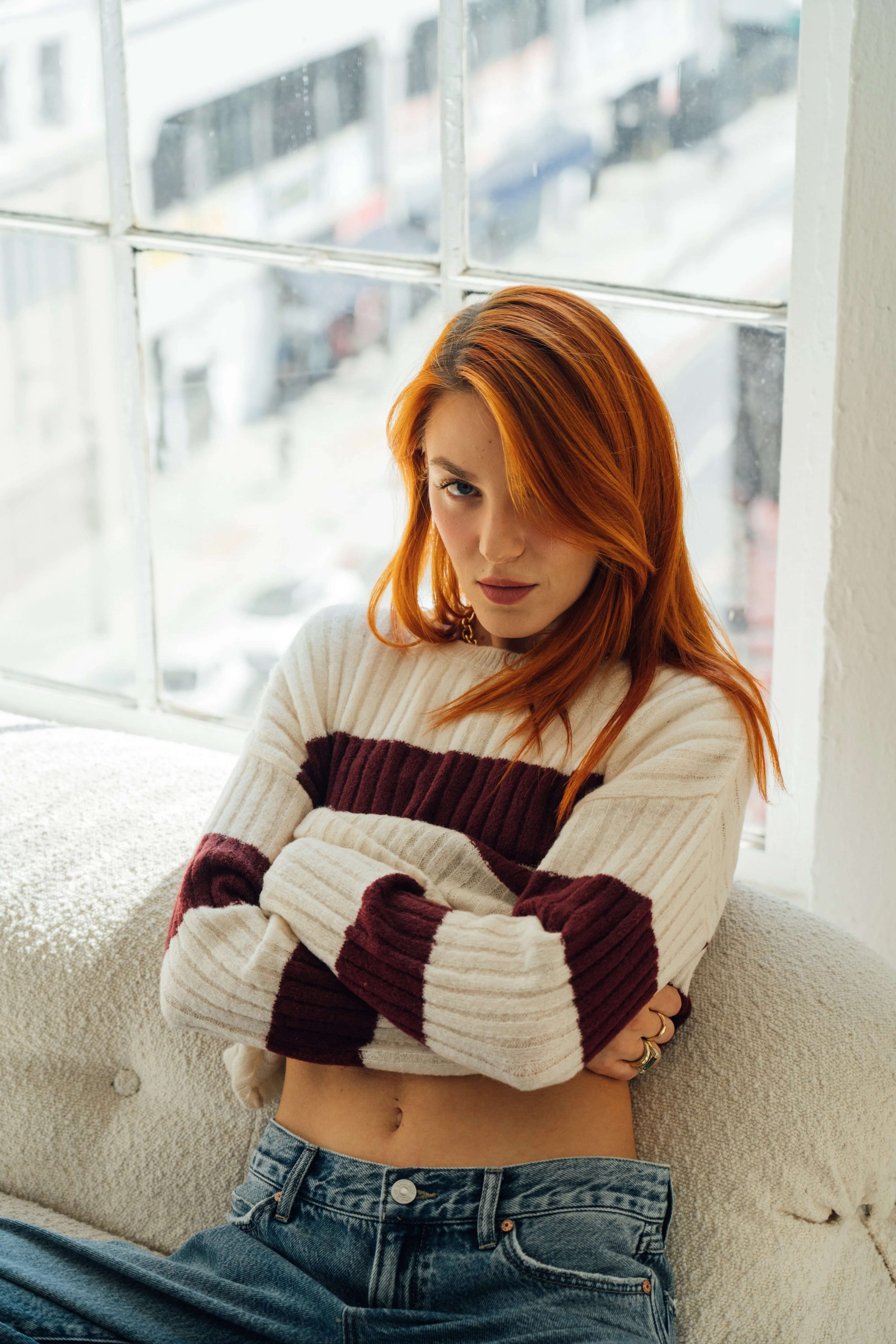 College Striped Crew Sweater - Burgundy