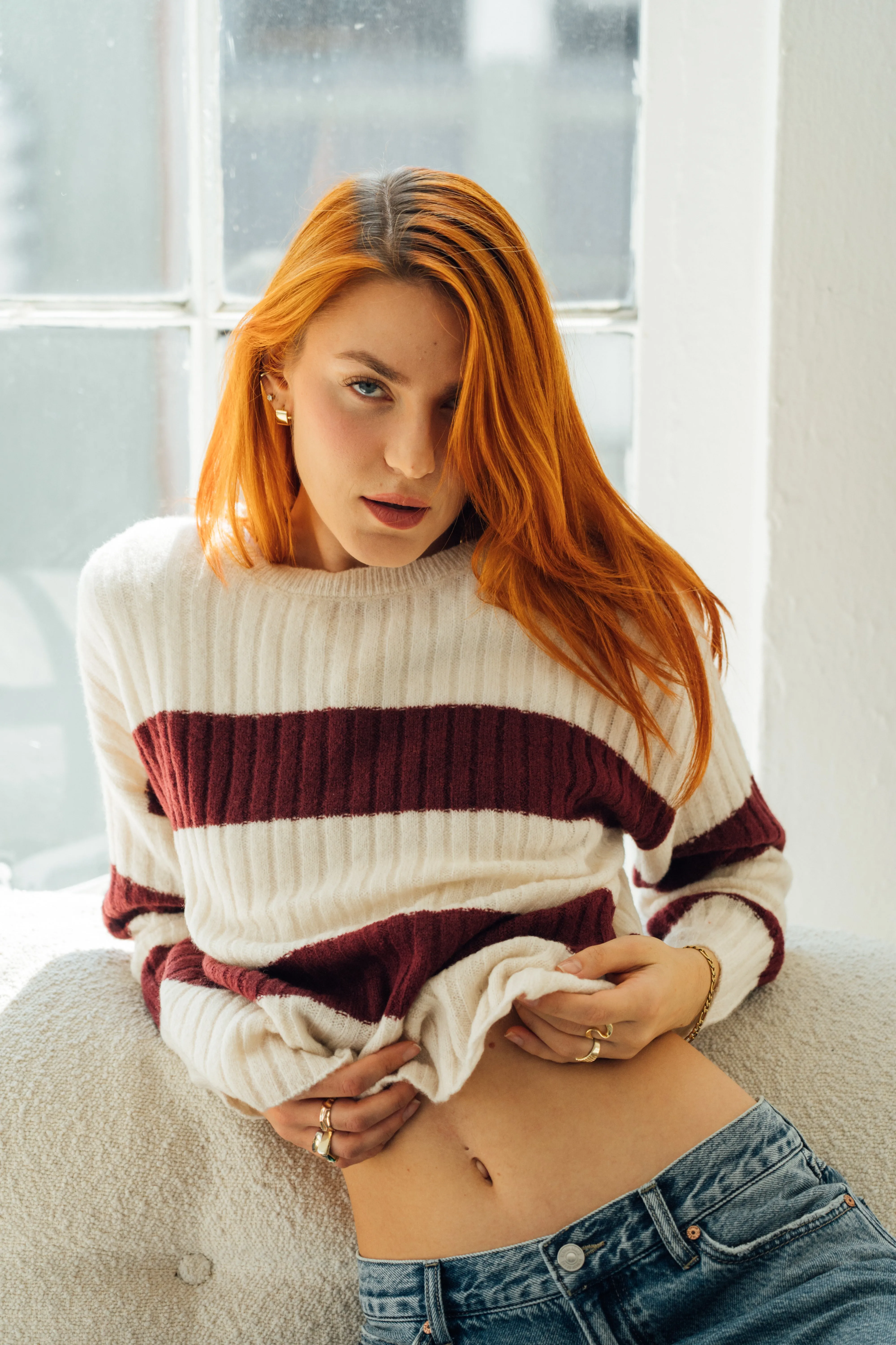 College Striped Crew Sweater - Burgundy