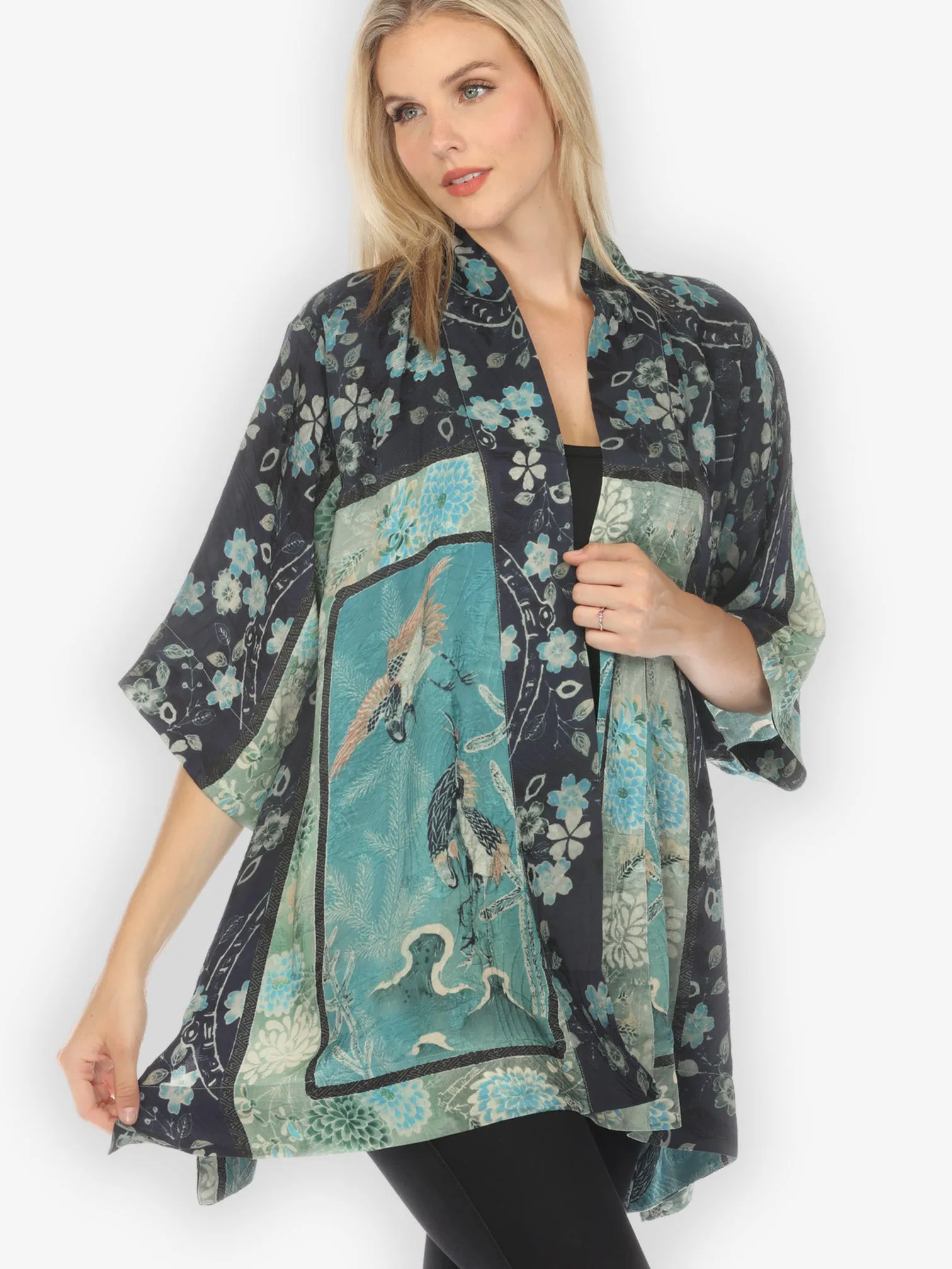 Crane Bamboo Floral Silk Kimono Jacket