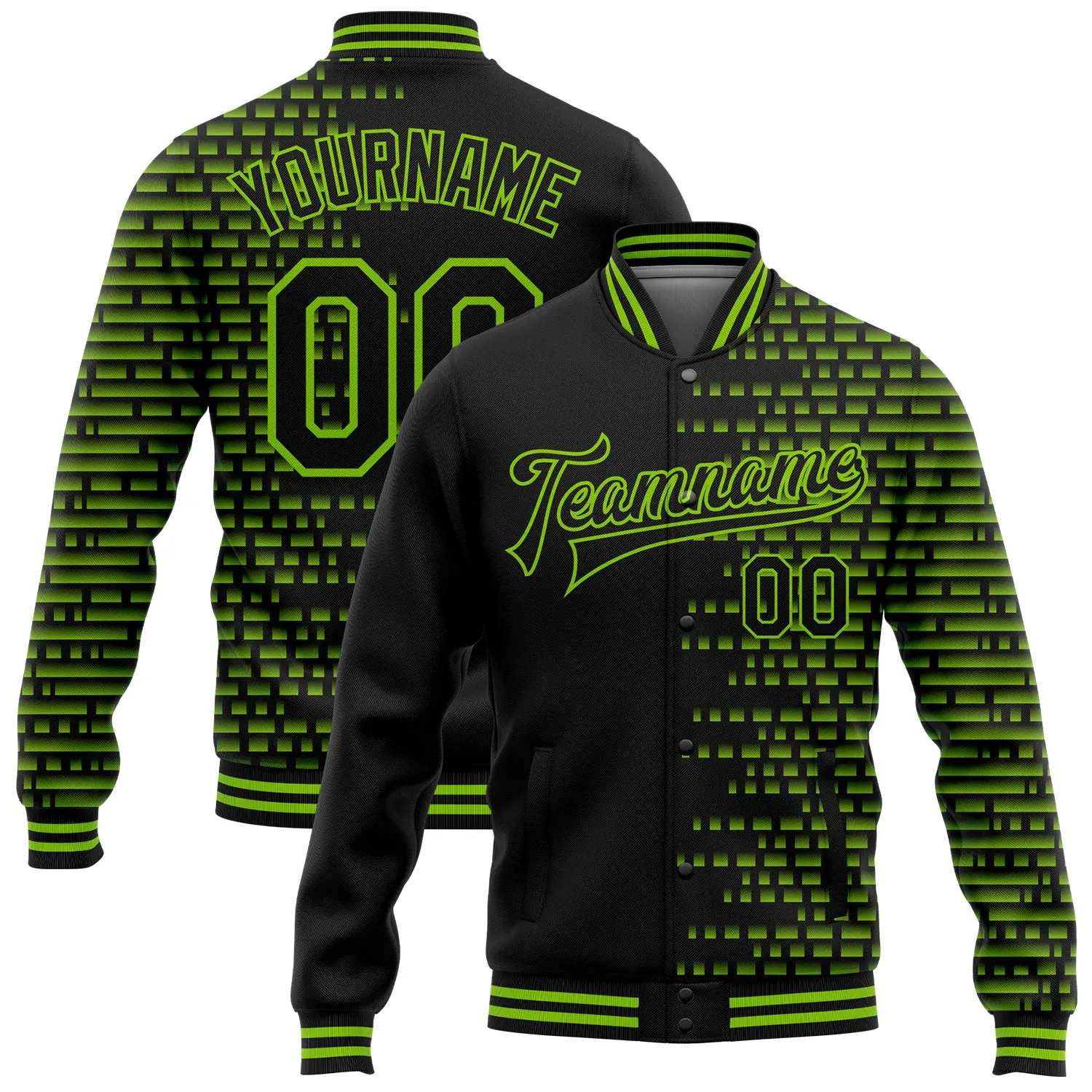 Custom Black Neon Green Halftone 3D Pattern Design Bomber Full-Snap Varsity Letterman Jacket