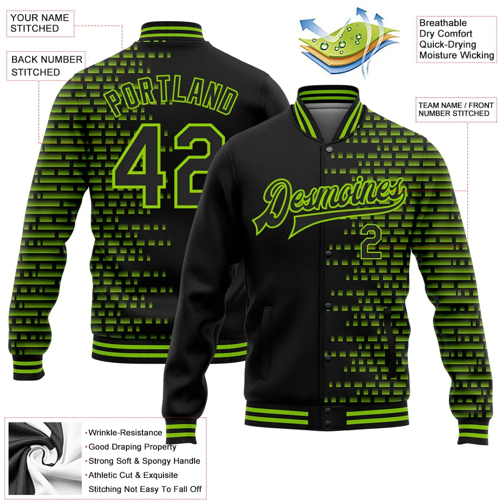 Custom Black Neon Green Halftone 3D Pattern Design Bomber Full-Snap Varsity Letterman Jacket