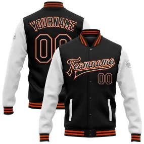 Custom Black White-Orange Bomber Full-Snap Varsity Letterman Two Tone Jacket