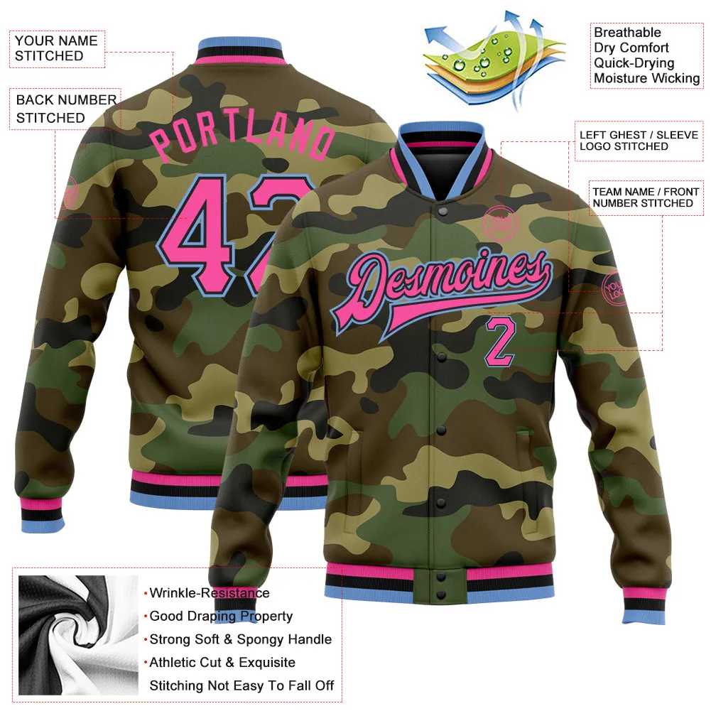 Custom Camo Pink Black-Light Blue Bomber Full-Snap Varsity Letterman Salute To Service Jacket