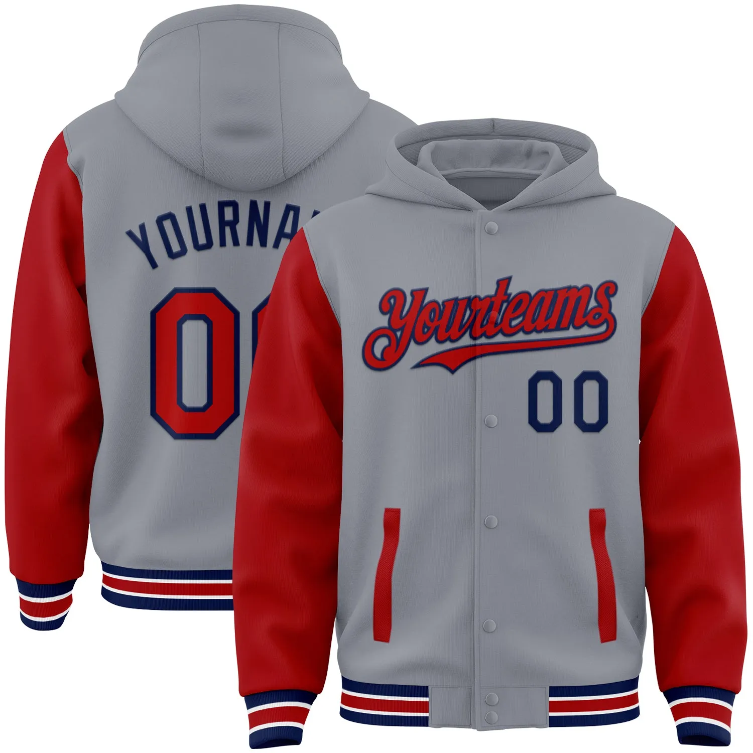 Custom Gray Red-Navy Bomber Full-Snap Varsity Letterman Two Tone Hoodie Jacket