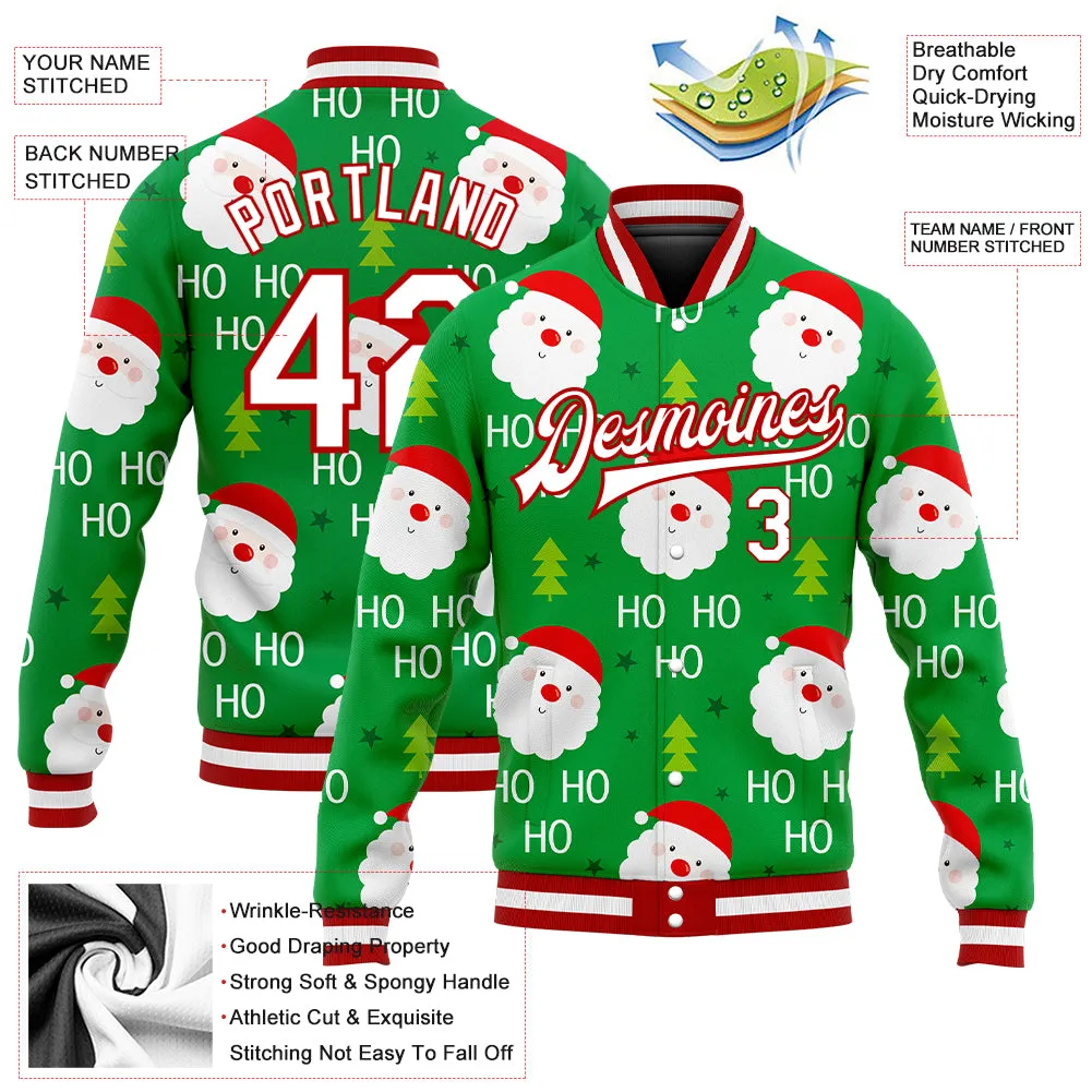 Custom Kelly Green White-Red Christmas 3D Bomber Full-Snap Varsity Letterman Jacket