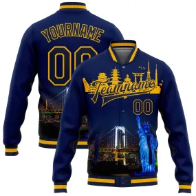 Custom Navy Gold Rainbow Bridge And Statue Of Liberty Tokyo Japan City Edition 3D Bomber Full-Snap Varsity Letterman Jacket