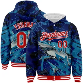 Custom Royal Red-White Marlin Fish Fishing 3D Bomber Full-Snap Varsity Letterman Hoodie Jacket