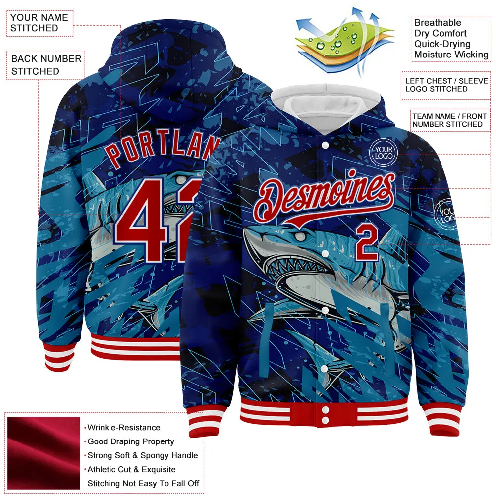 Custom Royal Red-White Marlin Fish Fishing 3D Bomber Full-Snap Varsity Letterman Hoodie Jacket