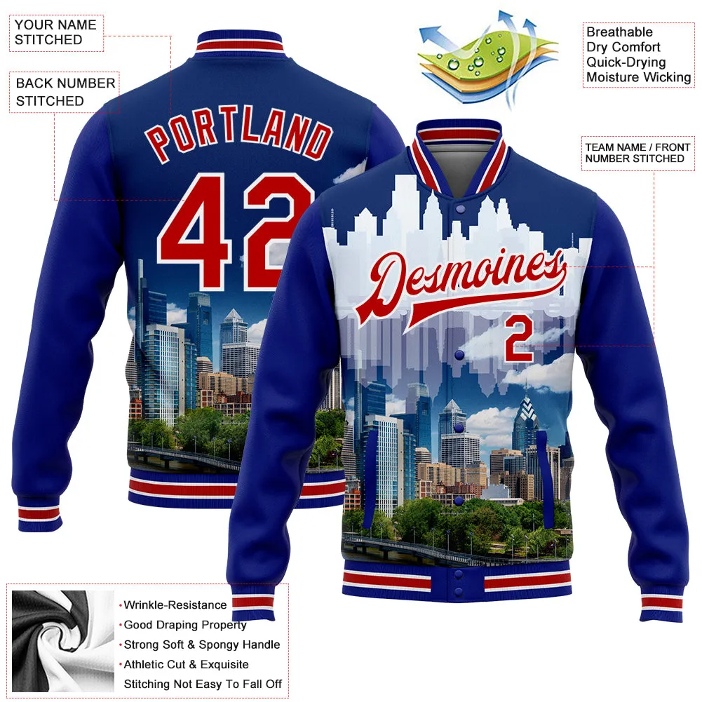 Custom Royal Red-White Philadelphia Pennsylvania City Edition 3D Bomber Full-Snap Varsity Letterman Jacket