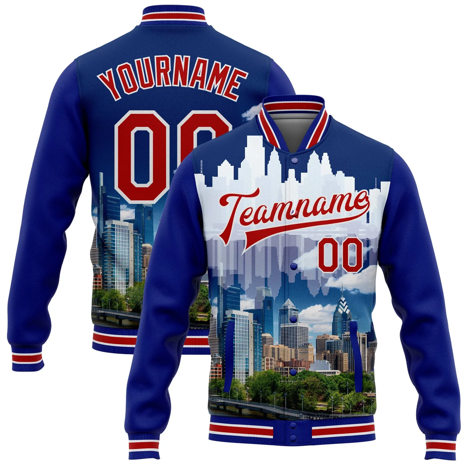 Custom Royal Red-White Philadelphia Pennsylvania City Edition 3D Bomber Full-Snap Varsity Letterman Jacket