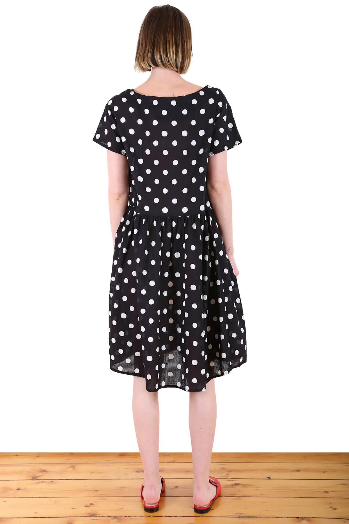 Cyan Spot Drop Waist Dress Black in Seersucker